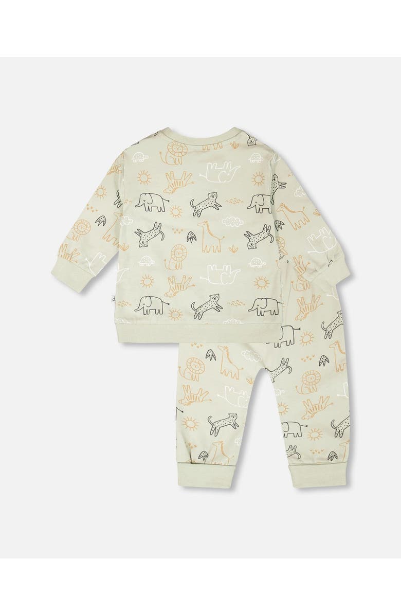 Deux par Deux Organic Cotton Jersey Animal Print Sweater and Pants Set, Alternate, color, Sage Green Animal Print