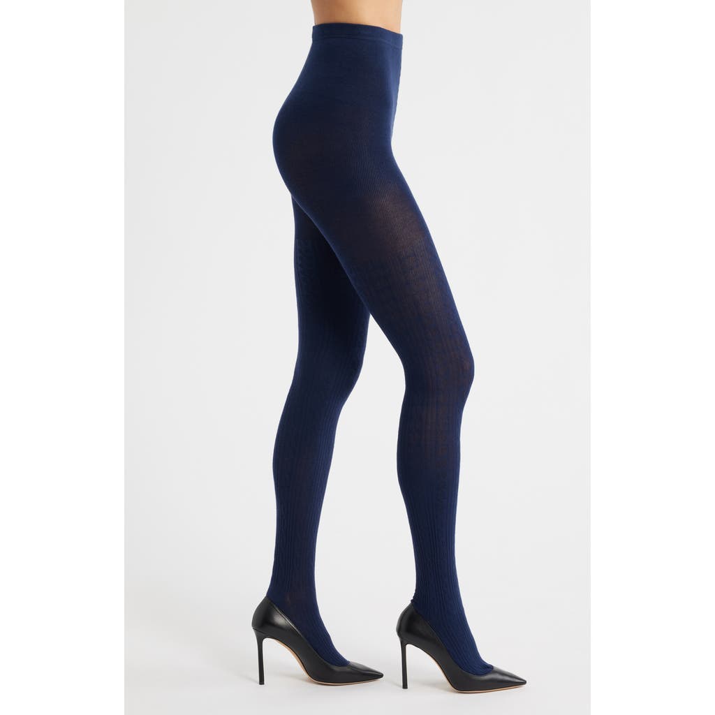 Hue Cotton Blend Cable Tights In Blue