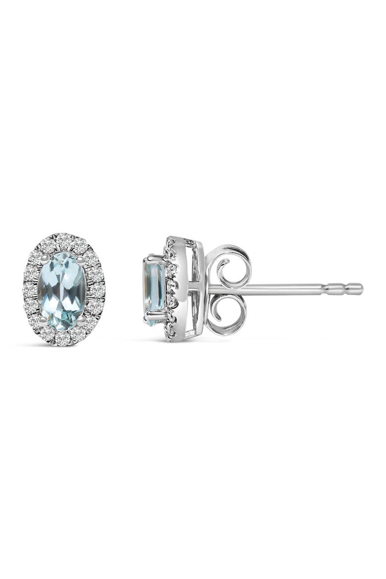 10K White Gold 5x3 MM Oval Cut Birthstone and Diamond Halo Stud Earrings, Alternate, color, Blue Aquamarine