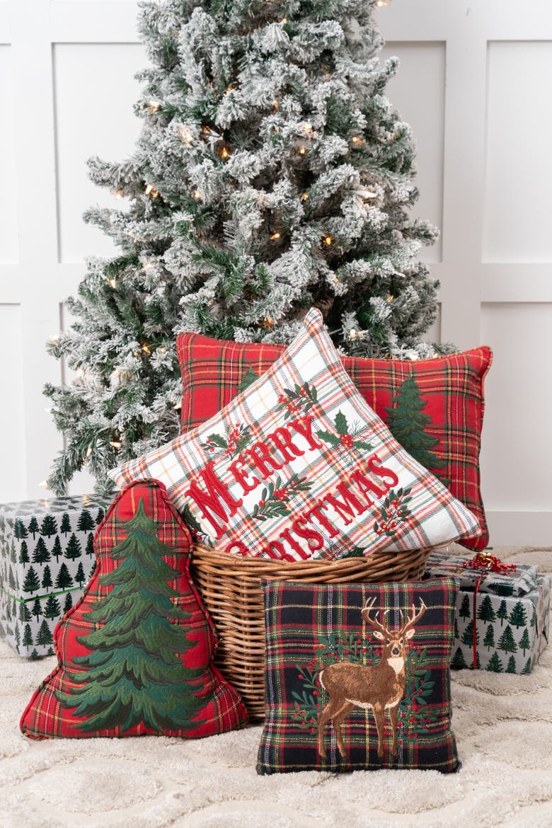 Embroidered Deer On Botanical Berries Plaid Christmas Throw Pillow 12" x 12", Alternate, color, Red