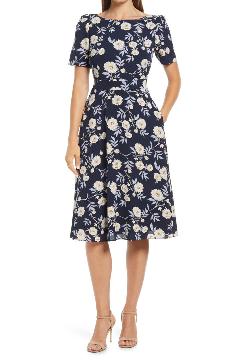 Floral Puff Sleeve Fit & Flare Dress, Main, color, NAVY