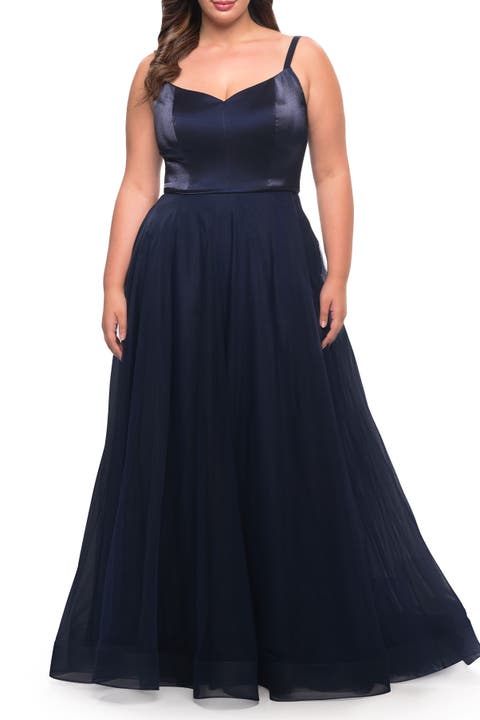 Long Plus Size Gown with Tulle Skirt and Satin Top