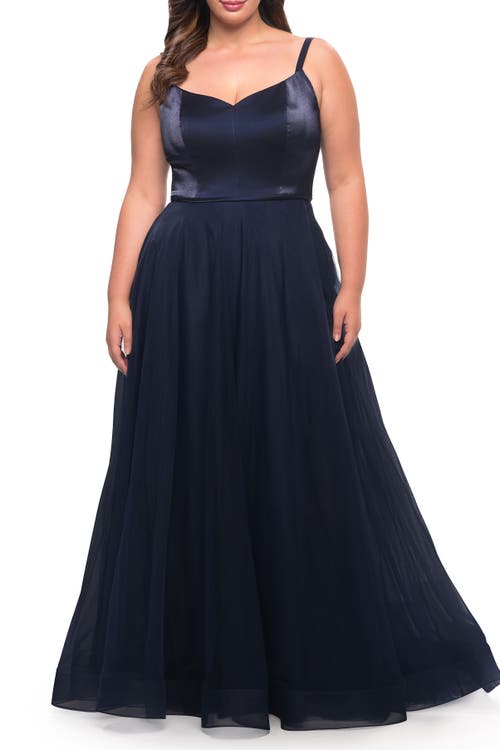 La Femme Long Plus Size Gown With Tulle Skirt And Satin Top