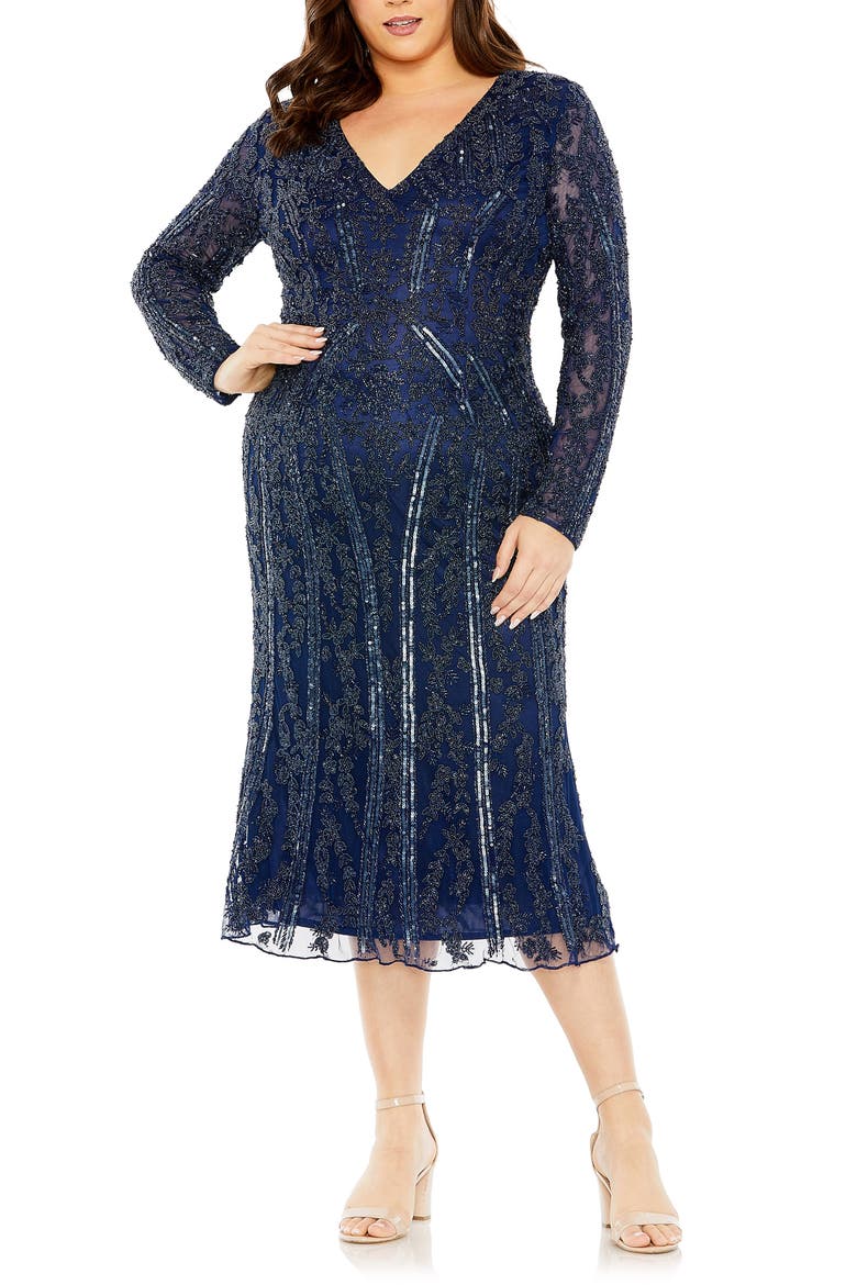 V-Neck Sheer Embellished Mesh Gown, Main, color, MIDNIGHT