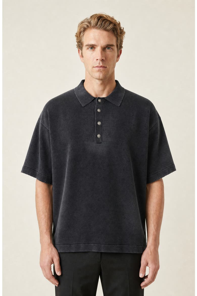 Washed Short Sleeve Snap Button Polo Shirt, Main, color, Black