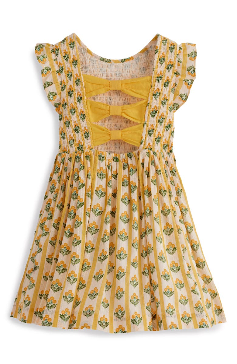 Mini Boden Kids' Floral Print Back Bow Dress, Alternate, color, Honeycomb Yellow Flower Stem