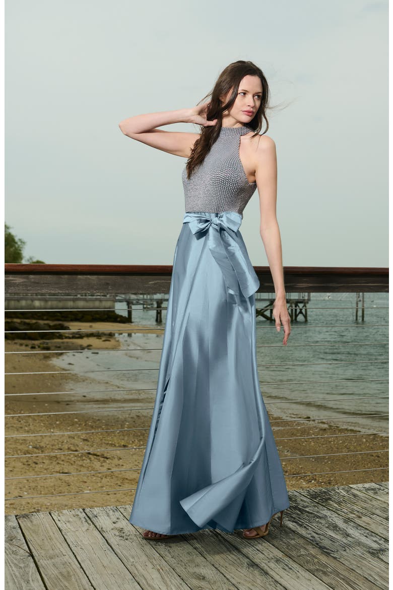 Beaded Mock Neck Sleeveless Taffeta Gown, Alternate, color, LIGHT BLUE
