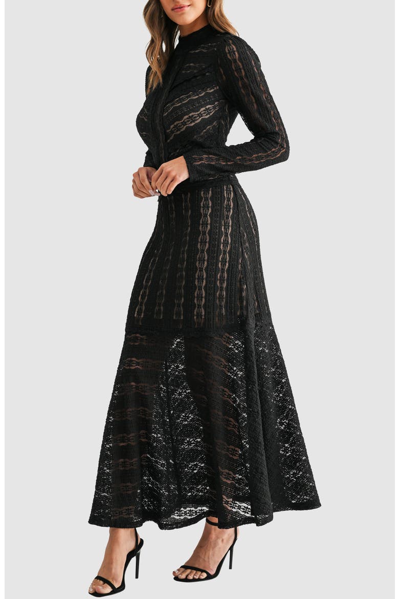 Lace Chevron Stripe Long Sleeve Maxi Dress, Alternate, color, BLACK
