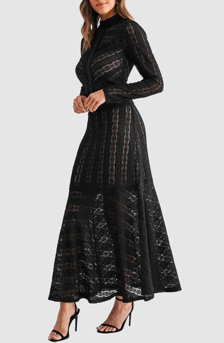Mila Mae Lace Chevron Stripe Long Sleeve Maxi Dress, Alternate, color, Black