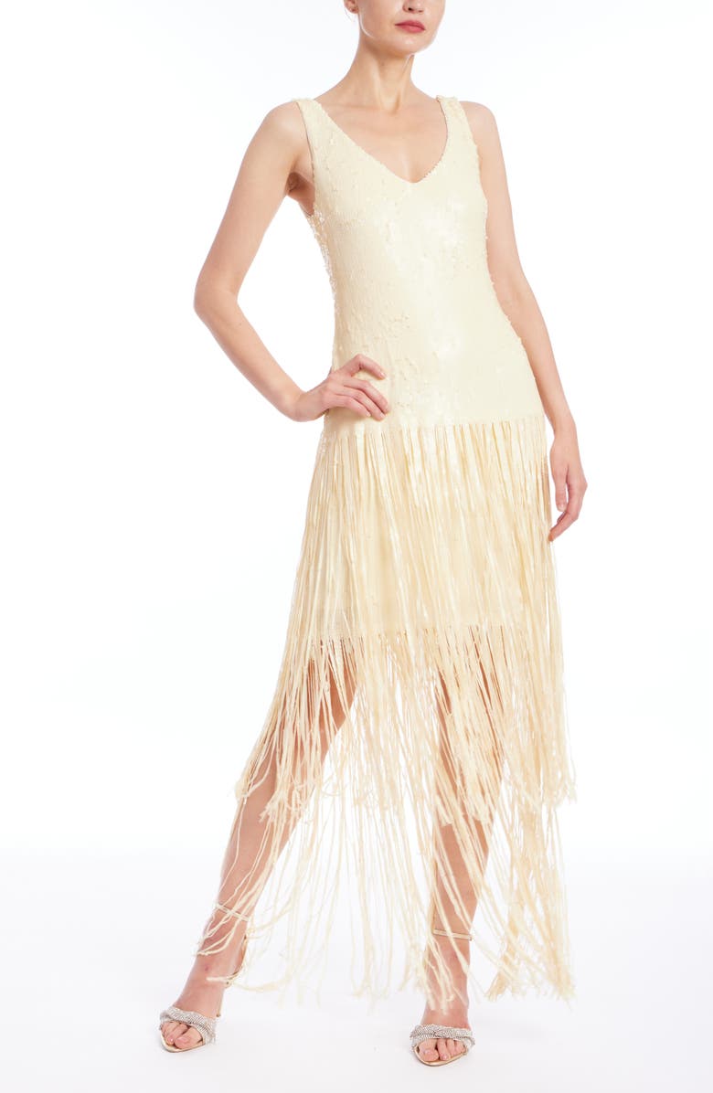 Jewel Badgley Mischka Mixed Media Fringe Skirt Cocktail Dress, Main, color, Buttercream