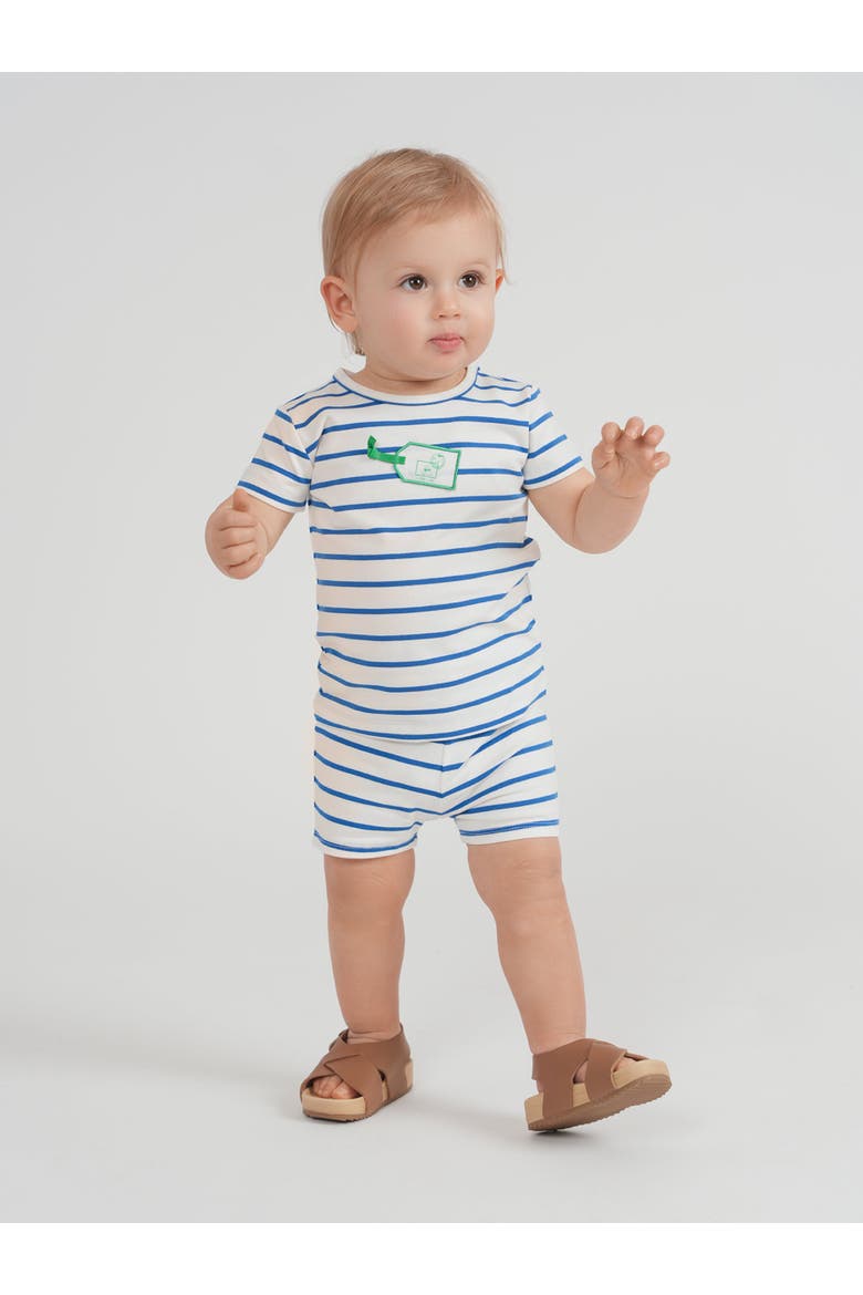 Boy Striped Tag Applique Stretch Cotton Spandex Top & Shorts 2 Piece Set, Alternate, color, White/Blue/Green