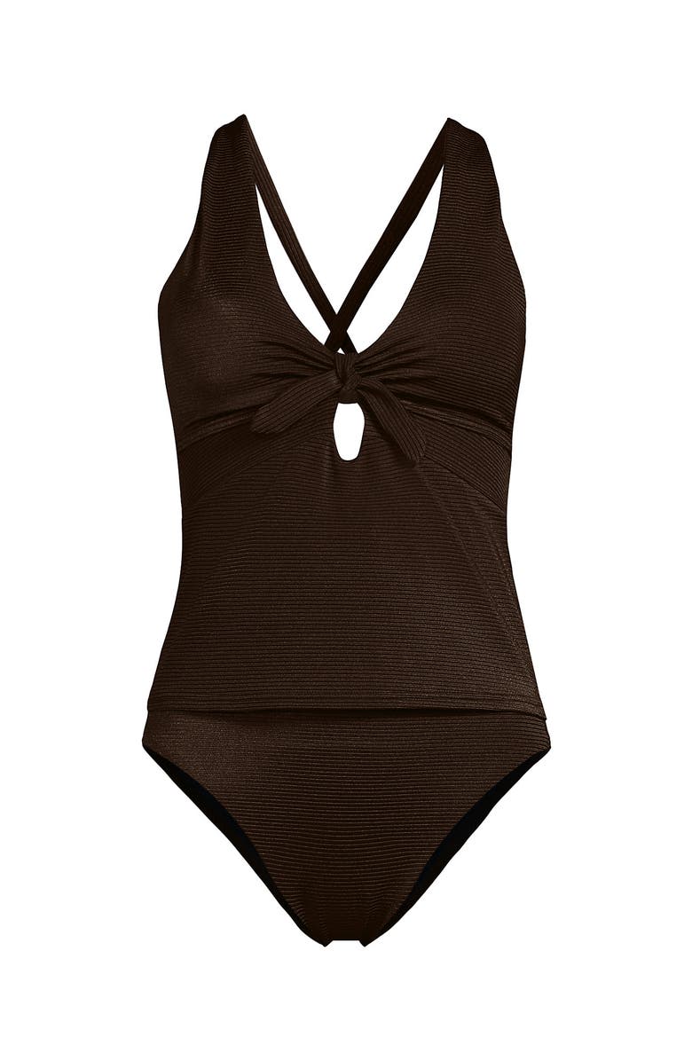 Lands' End Shine Ribbed Tankini Top and High Waisted Bottom Swimsuit Set, Alternate, color, Chocolate Brown Shine