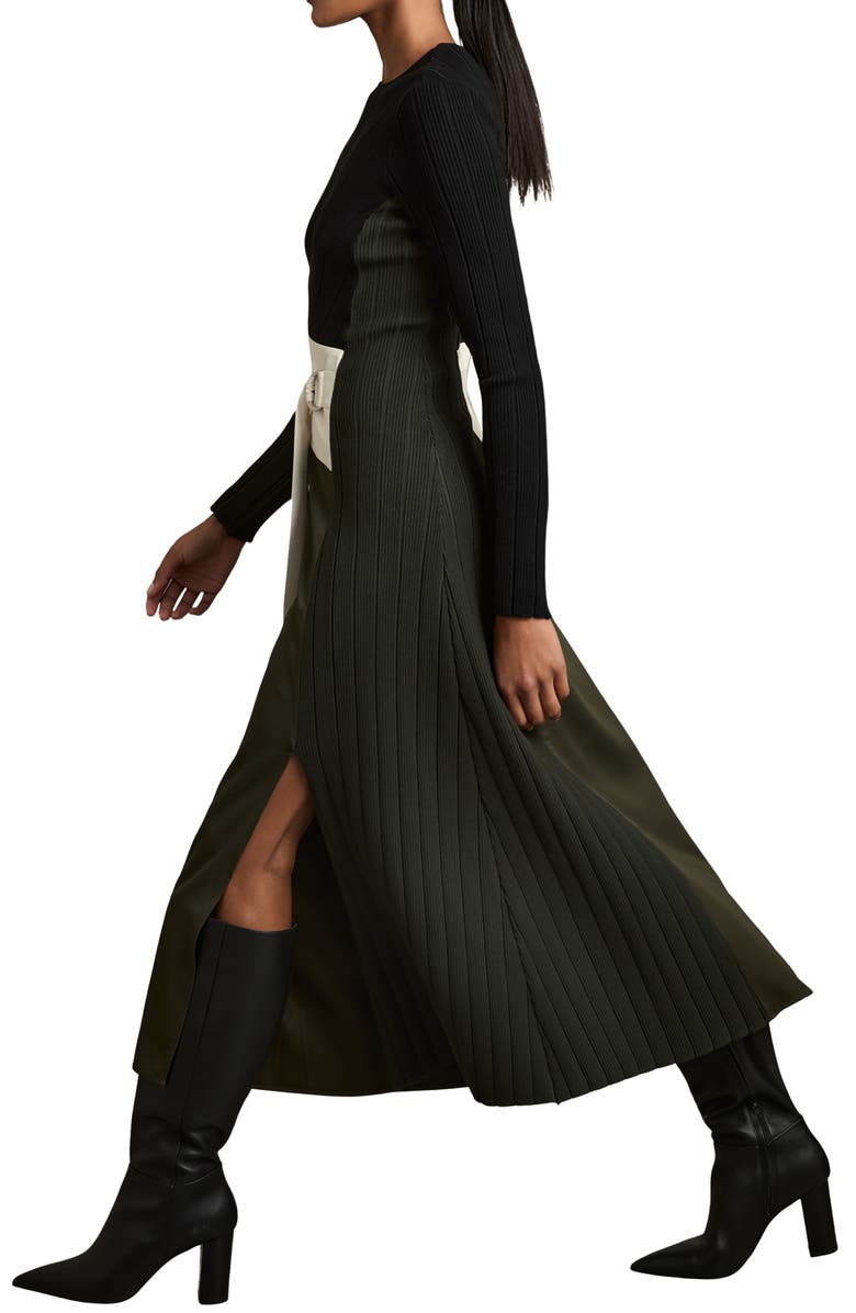Reiss Emilina Mixed Media Long Sleeve Dress, Alternate, color, Khaki/ Black