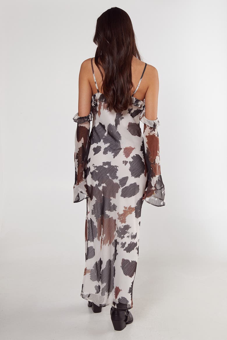 Cold Shoulder Bias Cut Split Maxi Dress, Alternate, color, Brown