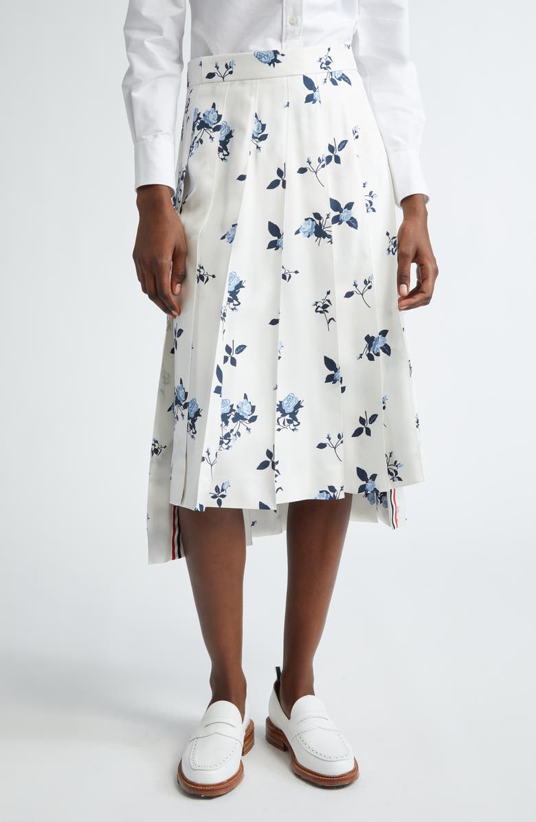 Thom Browne Rose Print Pleated Silk Twill Skirt, Main, color, 