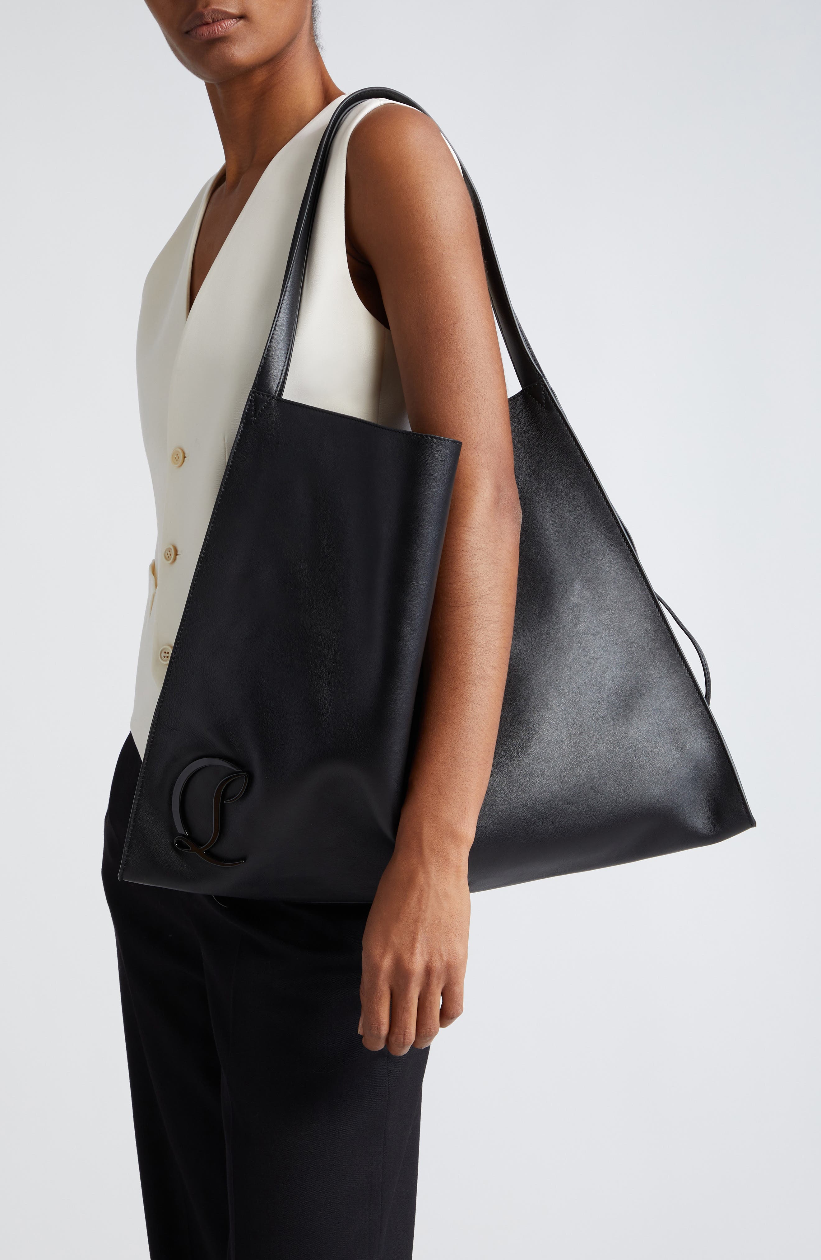 Christian Louboutin Le 54 Leather Drawstring Tote, Alternate, color, B380 Black/ Black/ Black