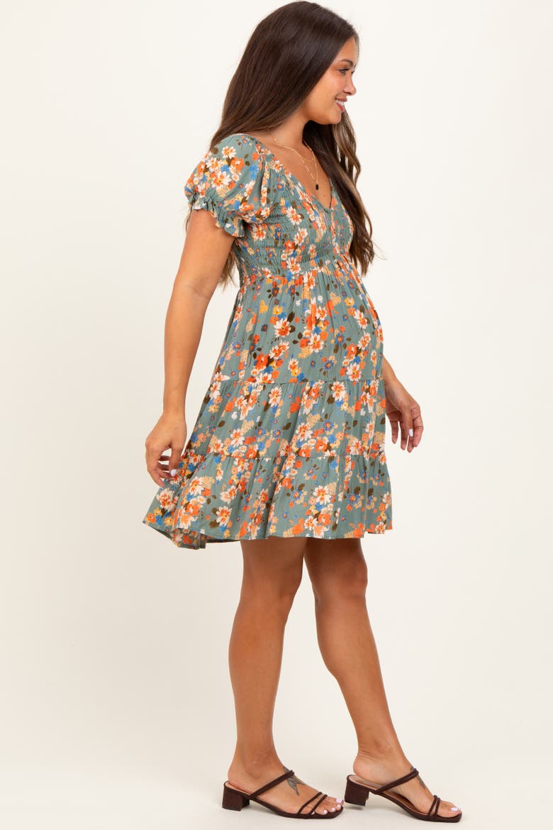 Floral Smocked V-Neck Puff Sleeve Dress, Alternate, color, Olive Green