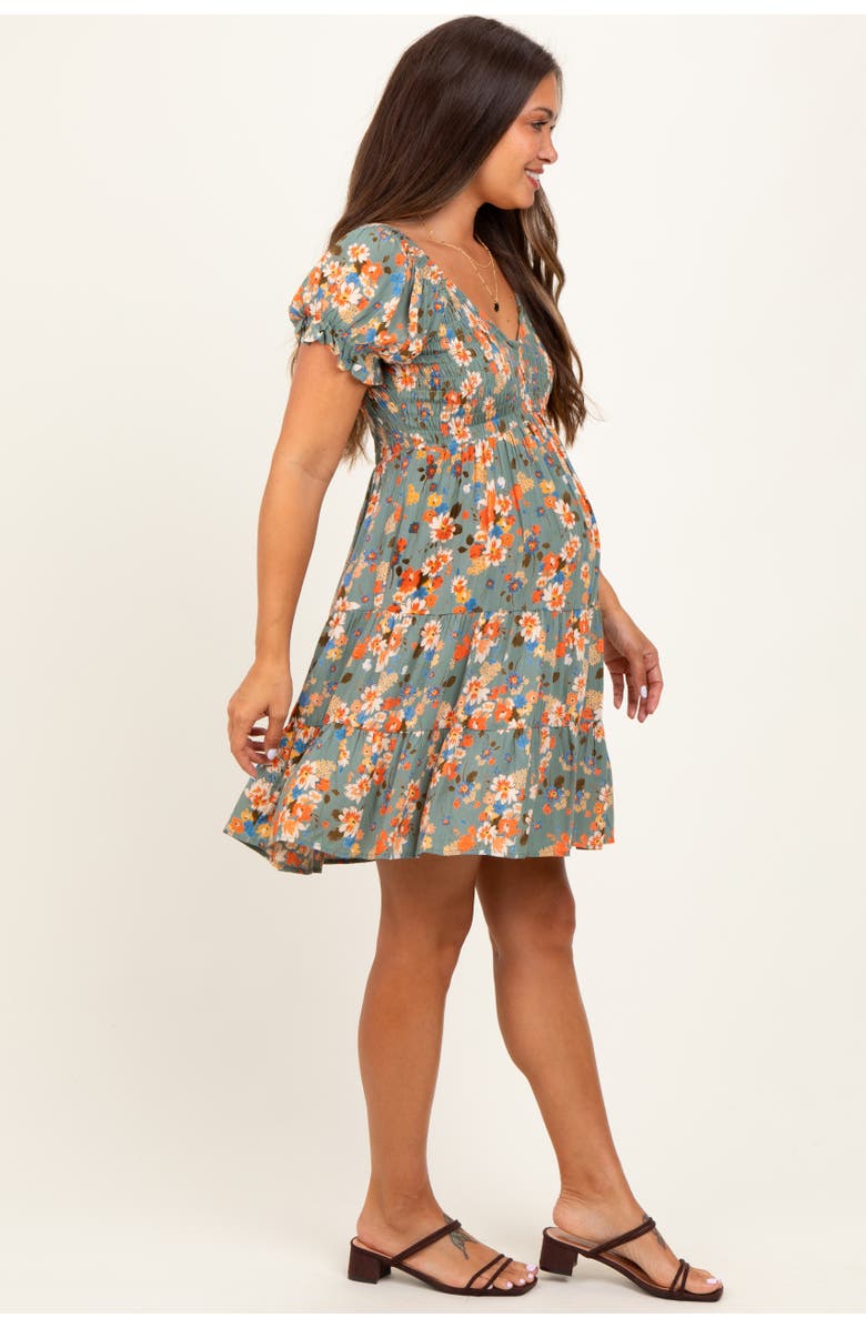 PinkBlush Floral Smocked V-Neck Puff Sleeve Dress, Alternate, color, Olive Green