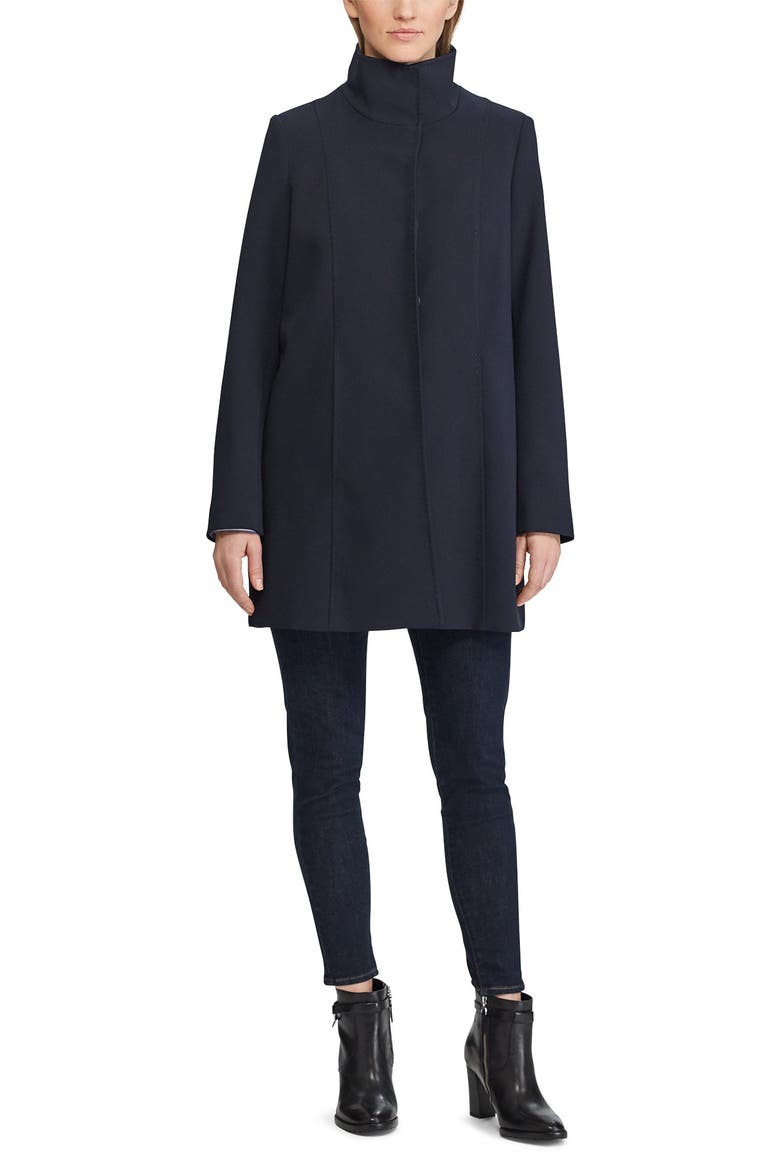 Stand Collar Crepe Coat, Alternate, color, NAVY