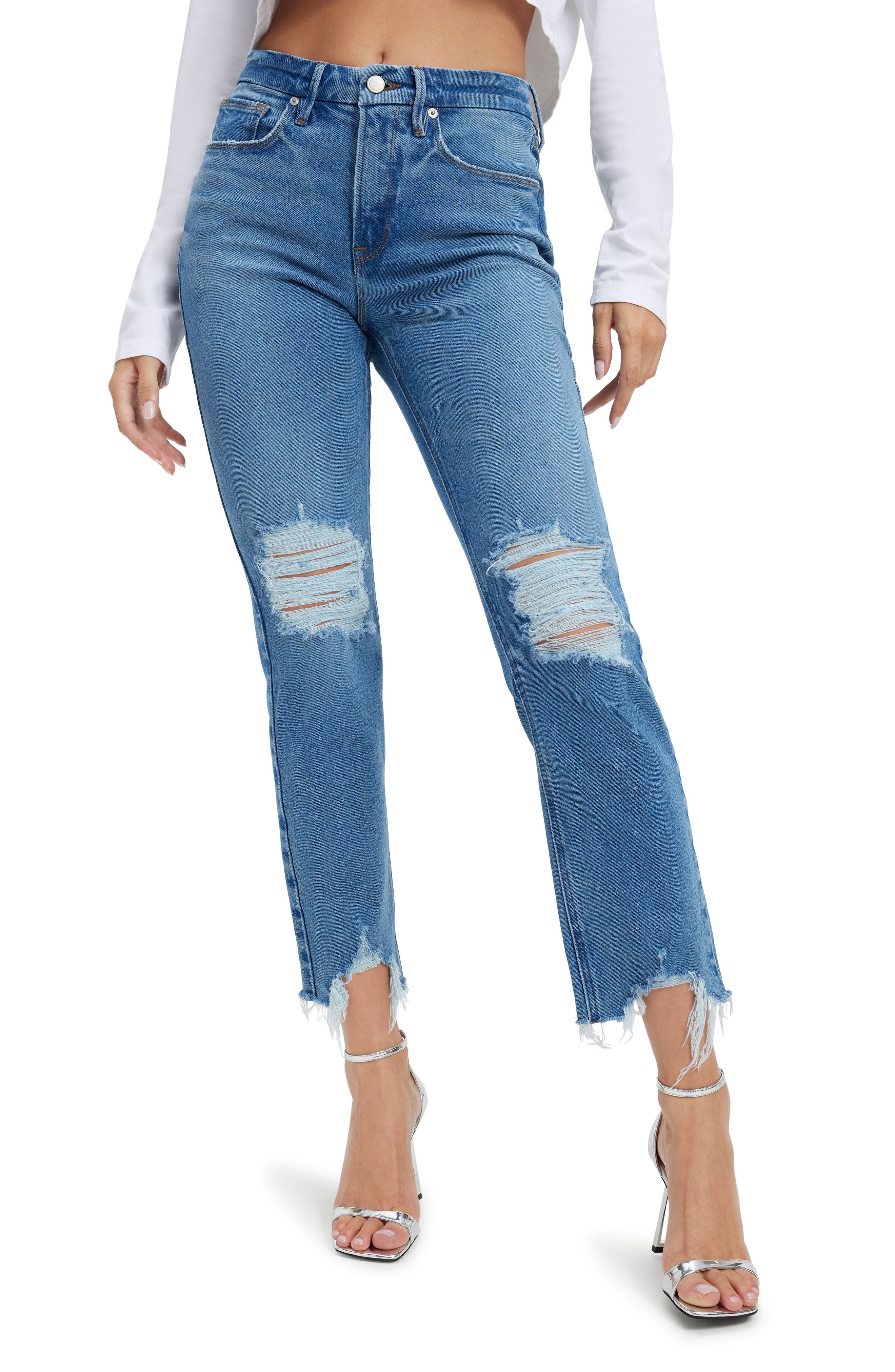 Good American Good Icon Distressed Crop Straight Leg Jeans (Women ...