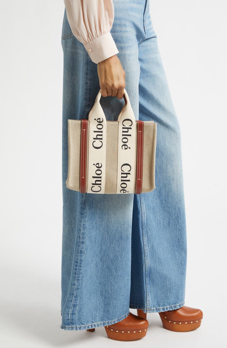 Chloé Small Woody Logo Strap Linen Tote, Alternate, color, White - Brown