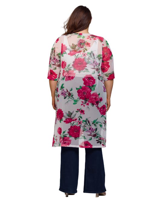 24seven Comfort Apparel White Floral Open Front Knee Length Duster Cardigan In Multi