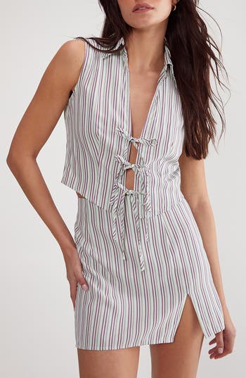 Nasty Gal Stripe Tie Front Collared Vest In Blue