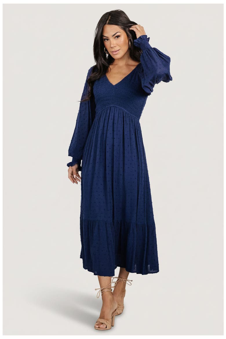 Lainey Smocked Dotted Midi Dress, Main, color, Midnight Blue