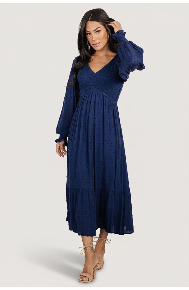 Baltic Børn Lainey Smocked Dotted Midi Dress, Main, color, Midnight Blue