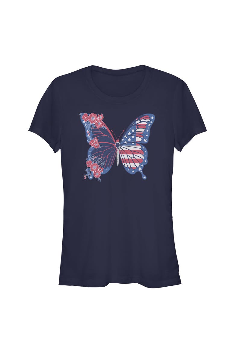 Juniors Lost Gods Flag Floral Butterfly T Shirt, Main, color, Navy Blue