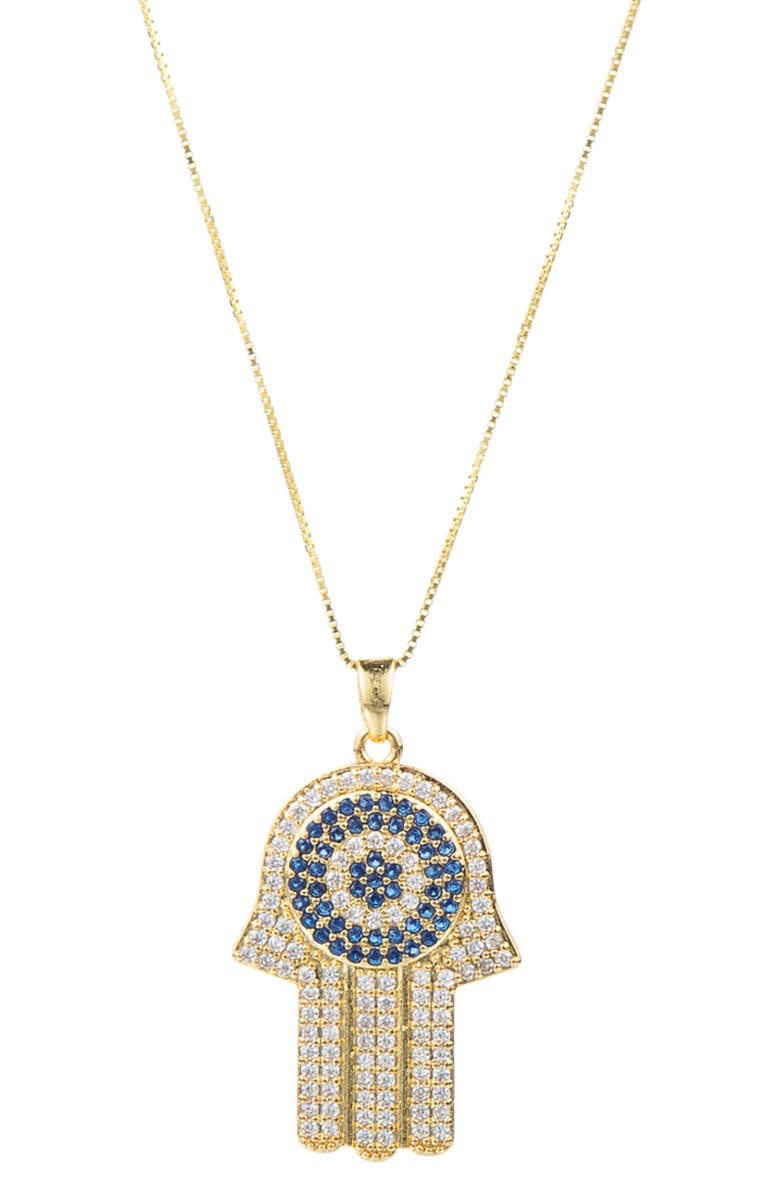 EYE CANDY LOS ANGELES Blue Cubic Zirconia Hamsa Pendant Necklace, Main, color, 