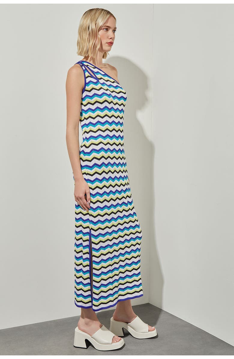 Ming Wang Modern Fit One Shoulder Column Maxi Dress, Alternate, color, Bermud/Sapphir/Limon/White/Blk