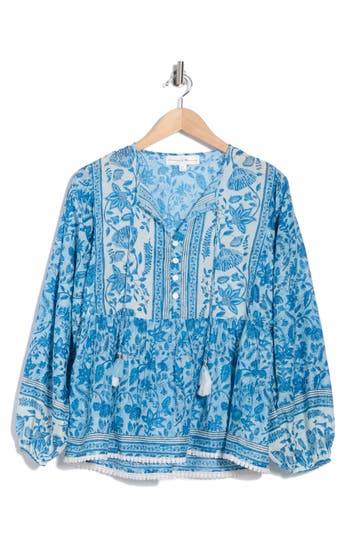 Chelsea And Theodore Tie Neck Long Sleeve Cotton Babydoll Top