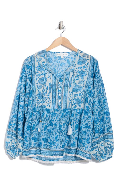 Chelsea And Theodore Tie Neck Long Sleeve Cotton Babydoll Top In Blue