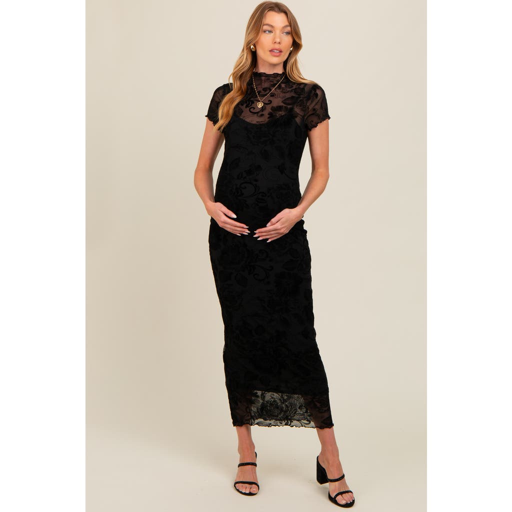 Pinkblush Floral Mesh Overlay Fitted Maxi Dress In Black