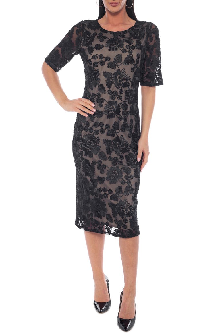 Soutache Lace Sheath Dress, Main, color, BLACK/ NUDE
