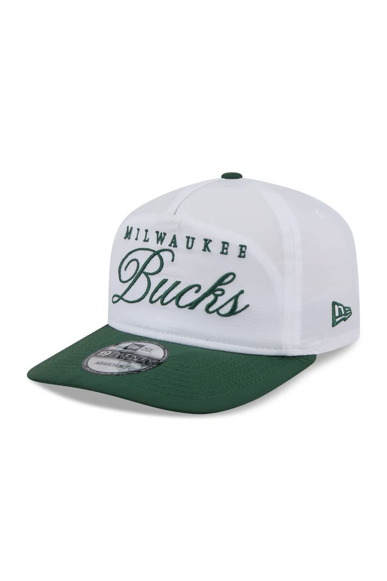 Men's New Era White/Hunter Green Milwaukee Bucks 2025 NBA Draft On-Stage Nylon 19TWENTY Adjustable Hat, Alternate, color, White