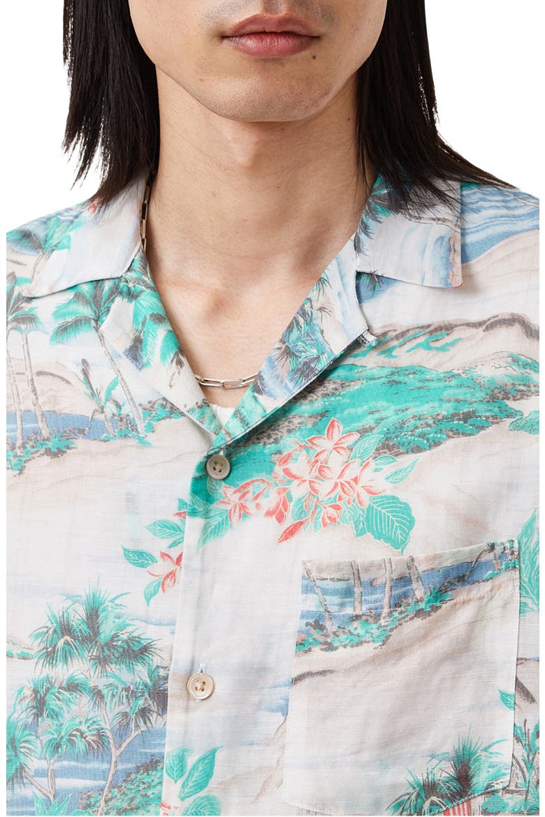 Biarritz Tropical Print Viscose & Linen Camp Shirt, Alternate, color, FROSTED WHITE