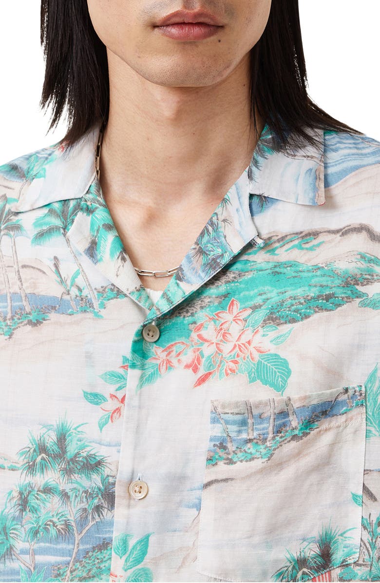 AllSaints Biarritz Tropical Print Viscose & Linen Camp Shirt, Alternate, color, Frosted White