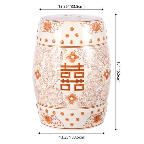Jonathan Y Double Happiness 18" Chinoiserie Ceramic Drum Garden Stool In Orange/white