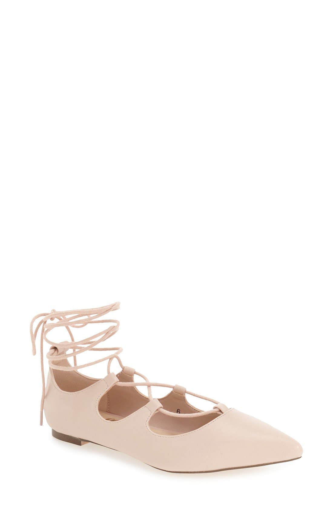 'Rian' Ghillie Lace Pointy Toe Flat, Main, color, NUDE FAUX LEATHER