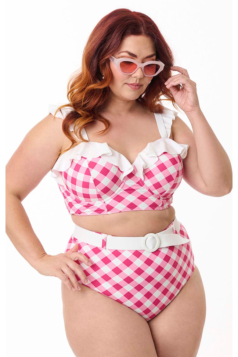 Plus Size Ruffled Longline Southampton Swim Top, Main, color, Pink Gingham