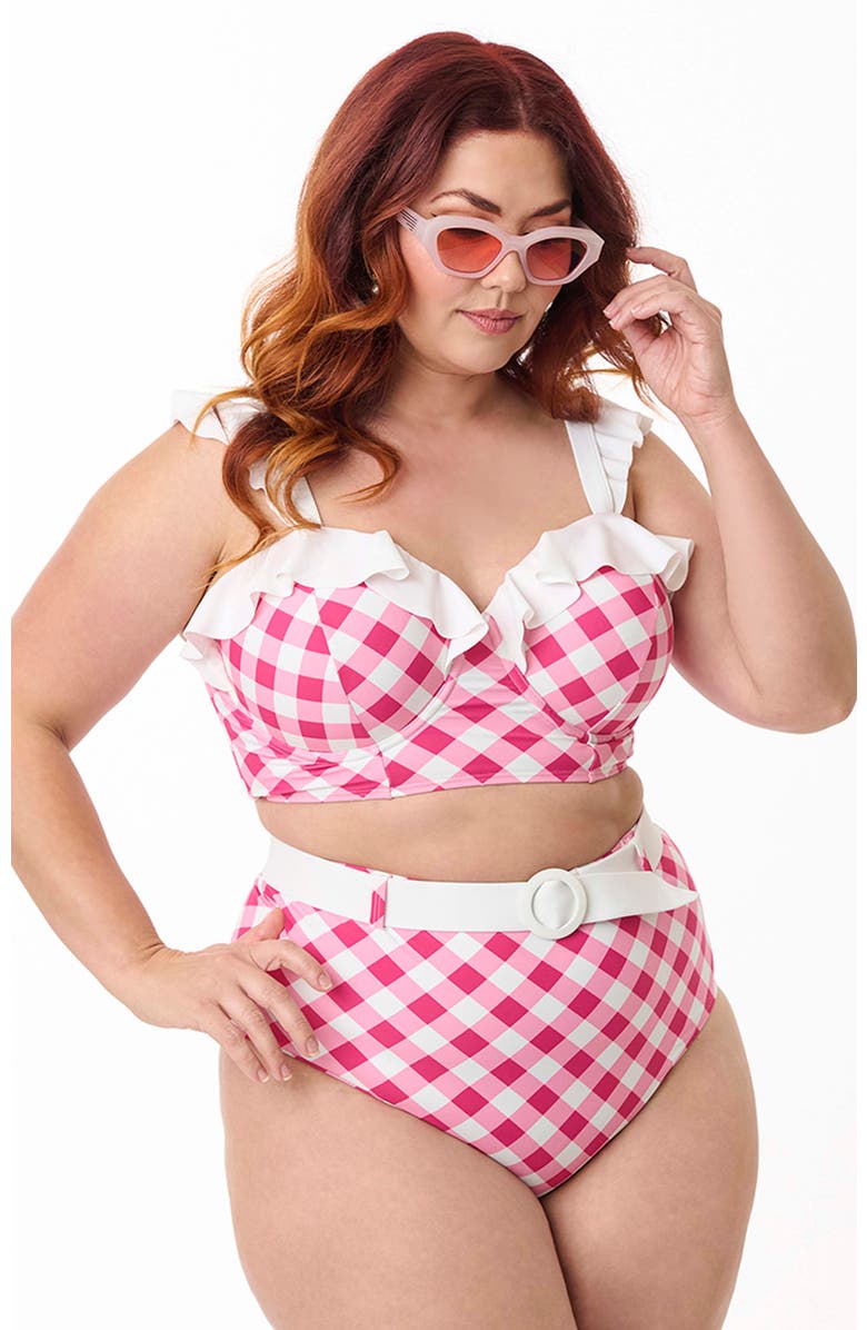 Unique Vintage Plus Size Ruffled Longline Southampton Swim Top, Main, color, Pink Gingham