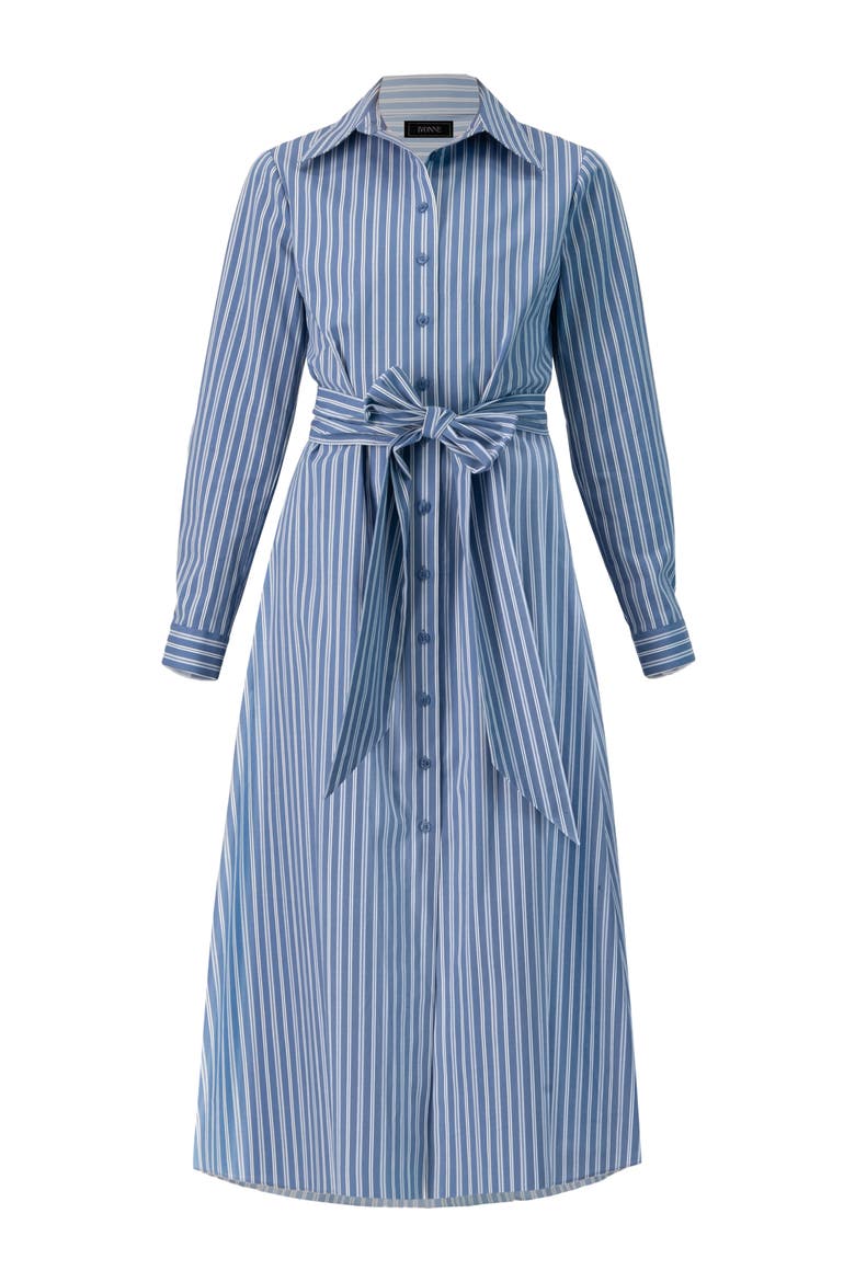 Striped Midi Collared Dress with Waist Tie, Alternate, color, Blue