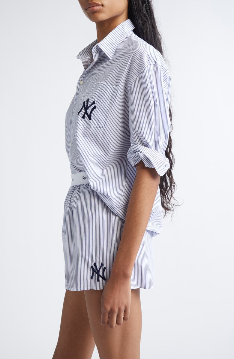 Sporty & Rich Gender Inclusive New York Yankees Serif Stripe Poplin Button-Up Shirt, Alternate, color, Navy Striped