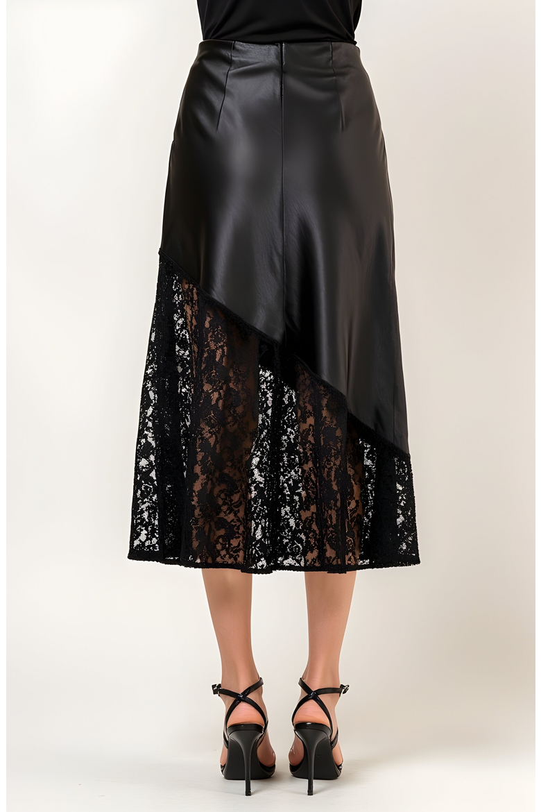 Asymmetrical Satin Midi Skirt with Sheer Lace Hem and Fitted Waist, Alternate, color, Black