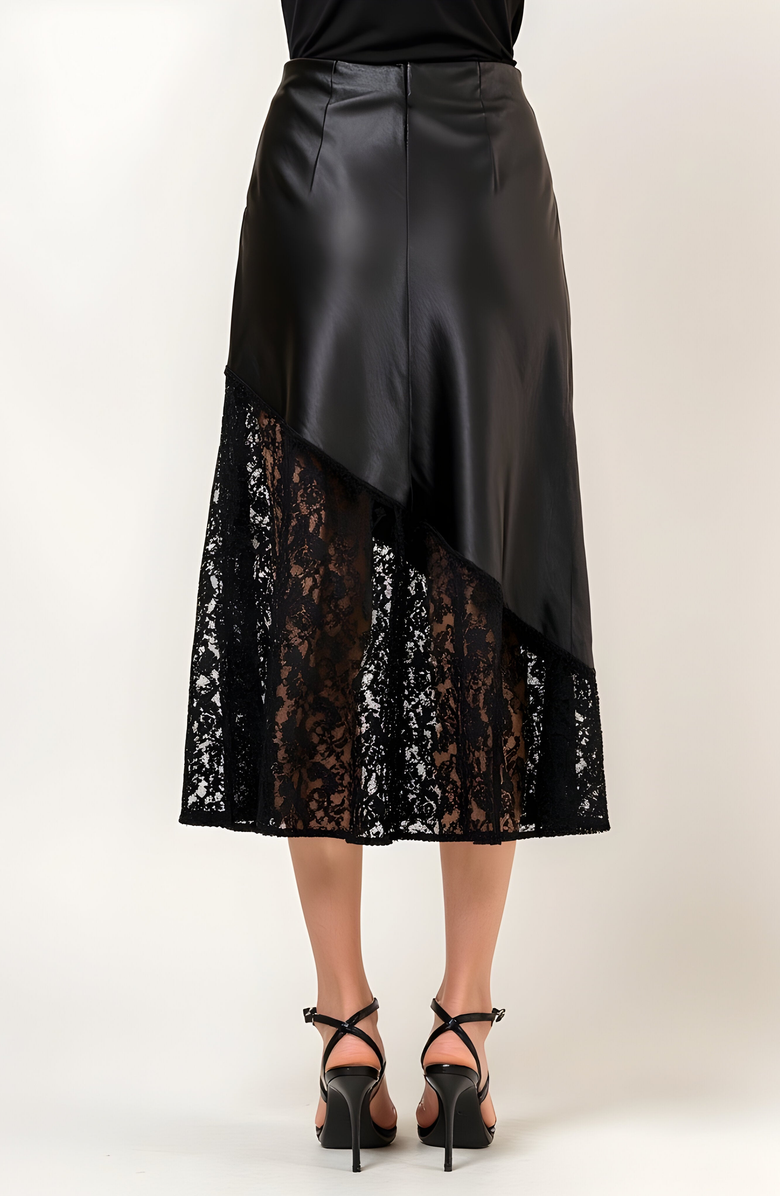 Modenaire Asymmetrical Satin Midi Skirt with Sheer Lace Hem and Fitted Waist, Alternate, color,
