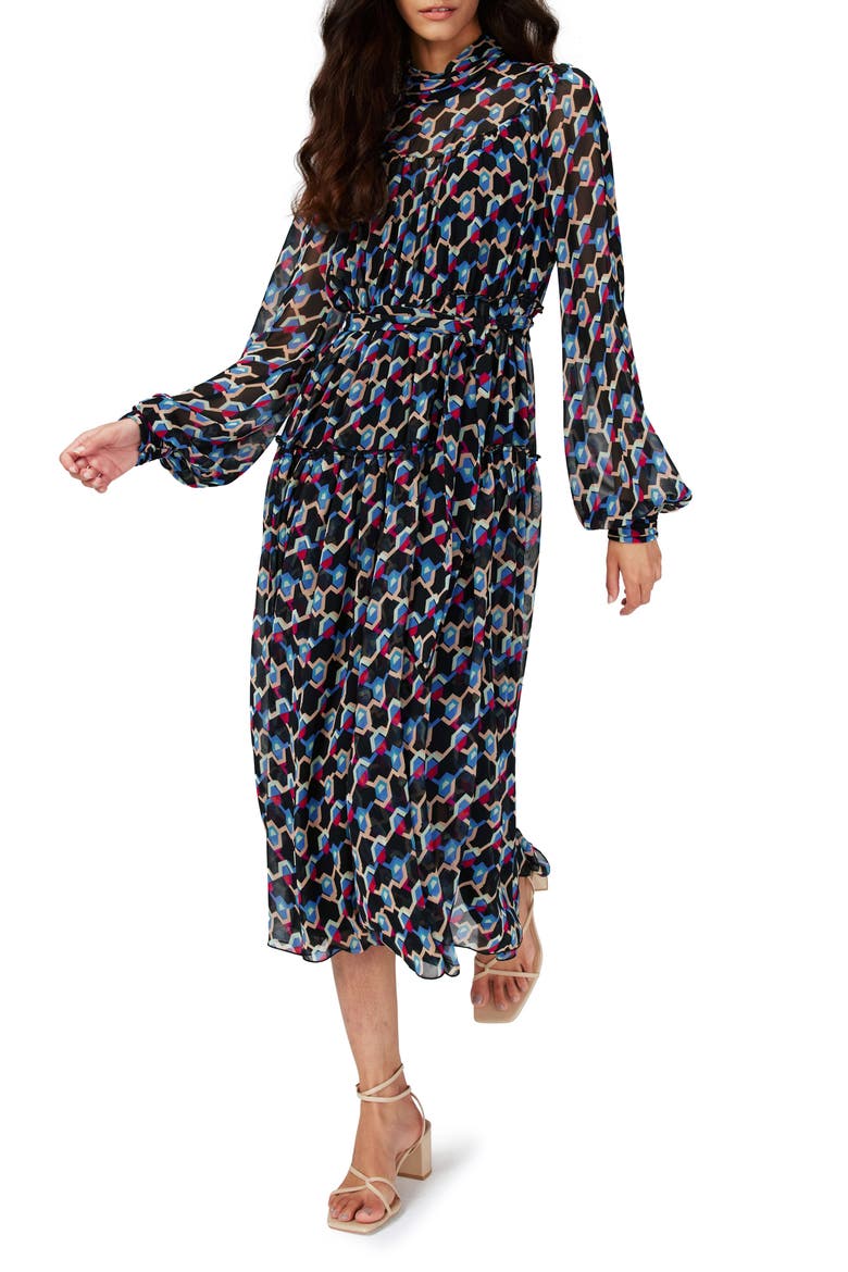 Kent Geometric Print Long Sleeve Midi Dress, Main, color, GEO ILLUSION MED