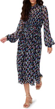 Diane von Furstenberg Kent Geometric Print Long Sleeve Midi Dress