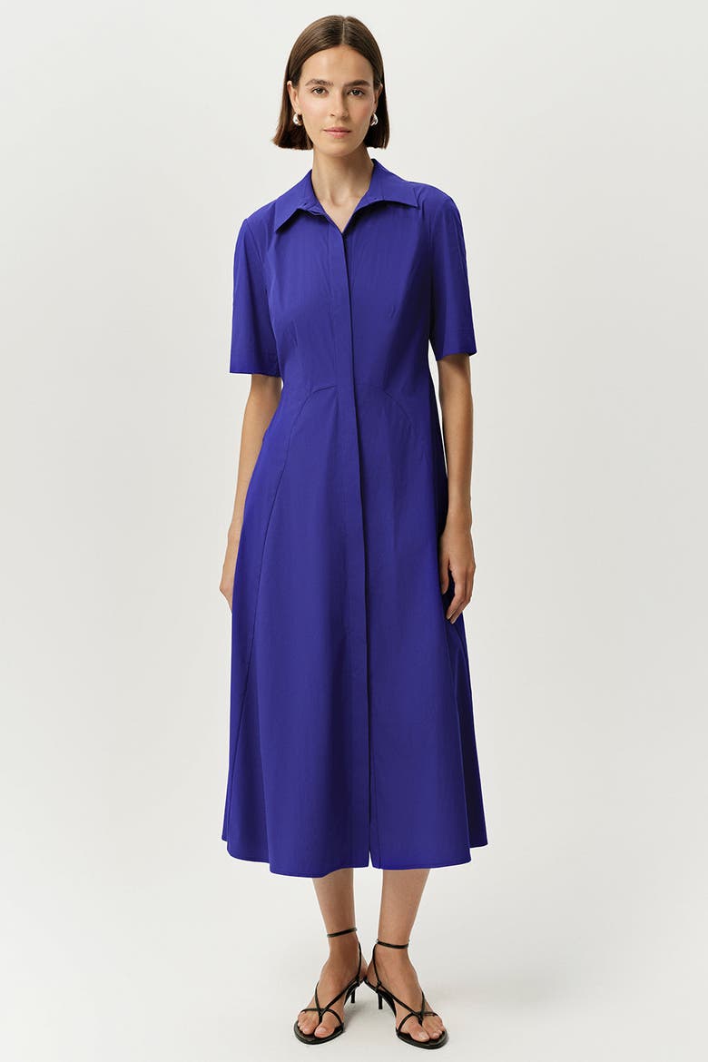 Alhertine Short Sleeve Shirt Collar Midi Dress, Alternate, color, Sax